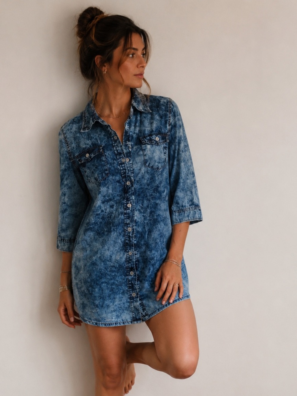 Ci Sono Acid Wash Denim Collection Straight Line Shirt Oversized Small
